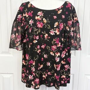 Roz & Ali Black Multi Floral Whimsigoth Fairy Sheer Sleeve Blouse 1X